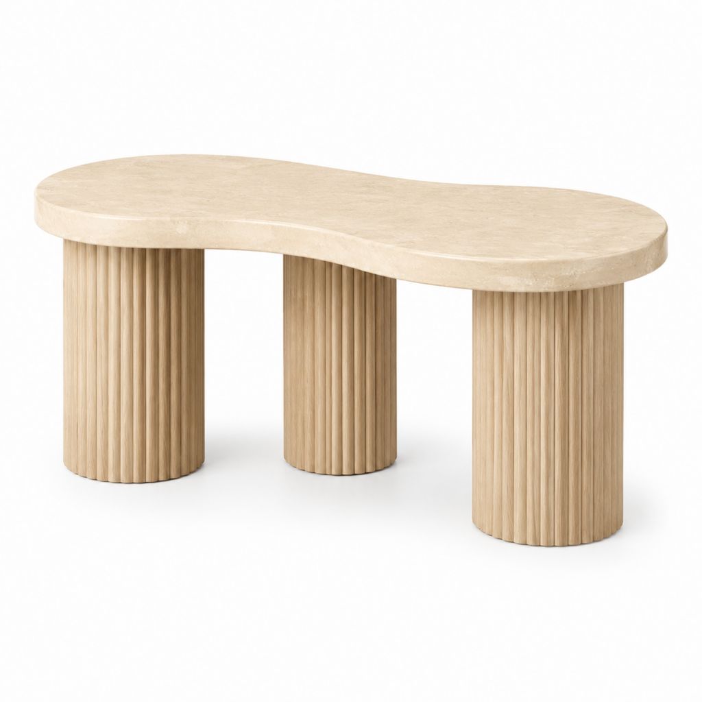 Tavolino da caffè ovale beige in travertino e legno massello 120 x 60 x 42 cm