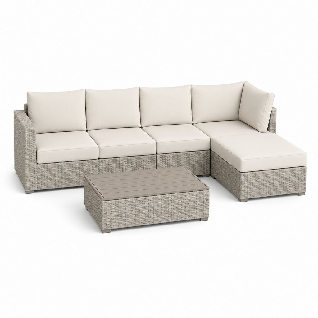 Set divano da giardino angolare 4 posti con chaise longue e tavolino grigio in rattan PE 282 x 210 x 70 cm