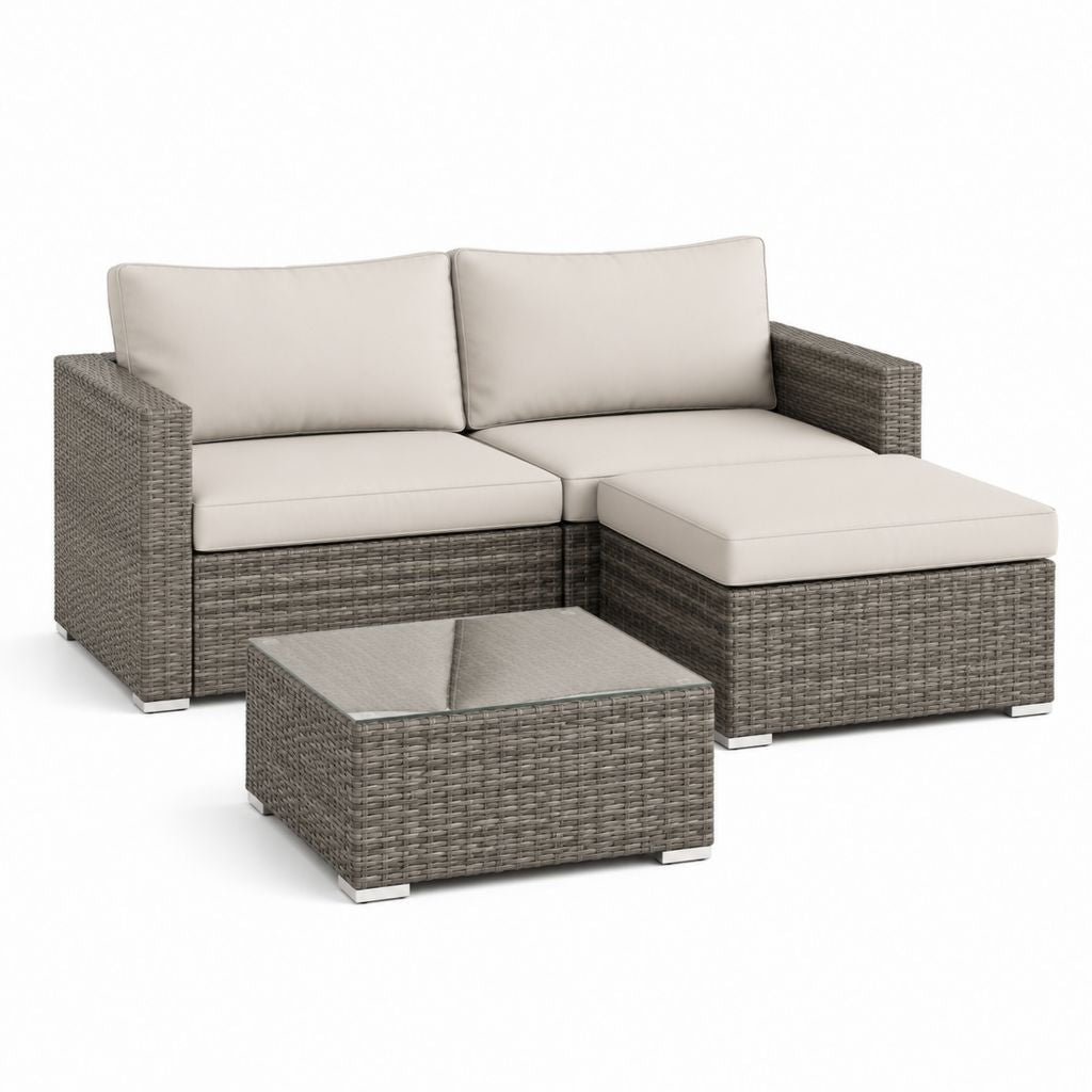 Set divano da giardino angolare 3 pezzi grigio tortora in rattan PE con cuscini e tavolino 195 x 140 x 63 cm