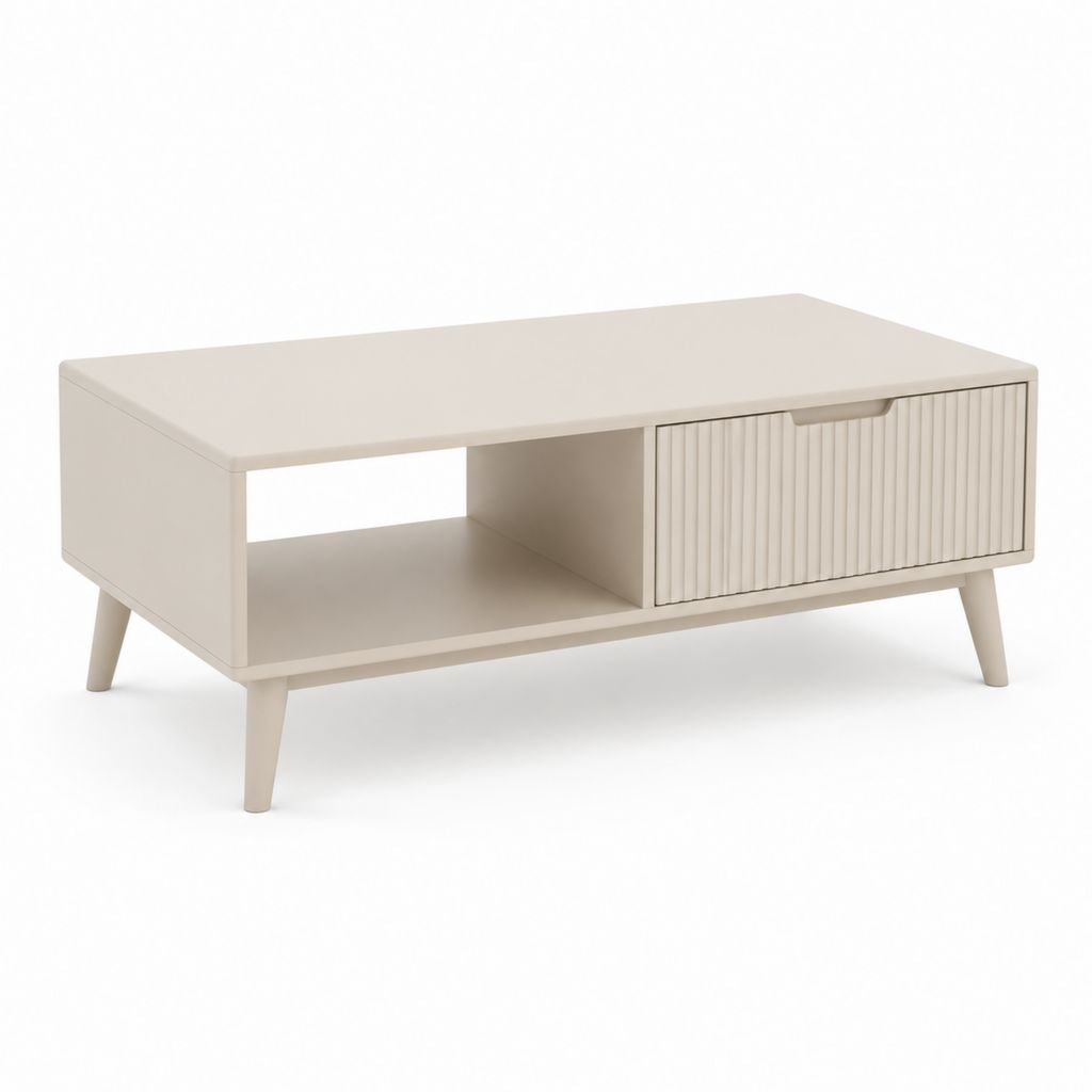 Tavolino da caffè con vano a giorno e anta scorrevole beige in MDF 100 x 50 x 45 cm