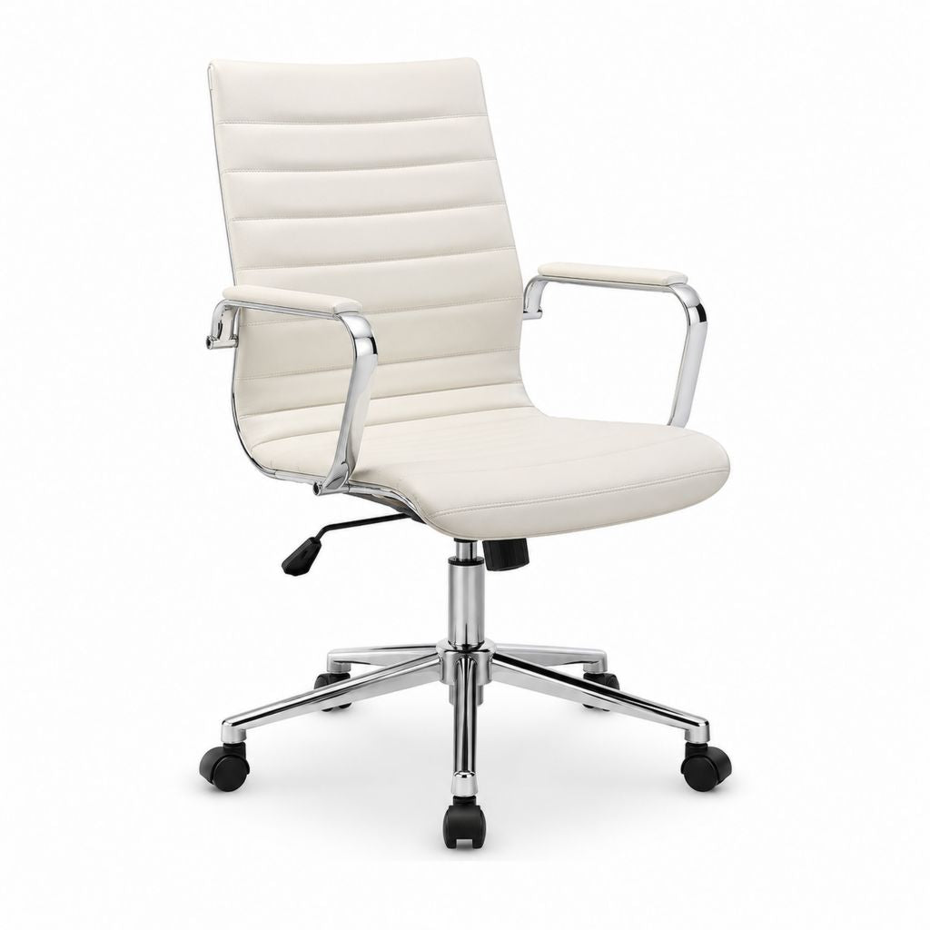 Sedia da ufficio girevole bianca in pelle sintetica PU con struttura in acciaio cromato 58 x 60 x 105-115 cm