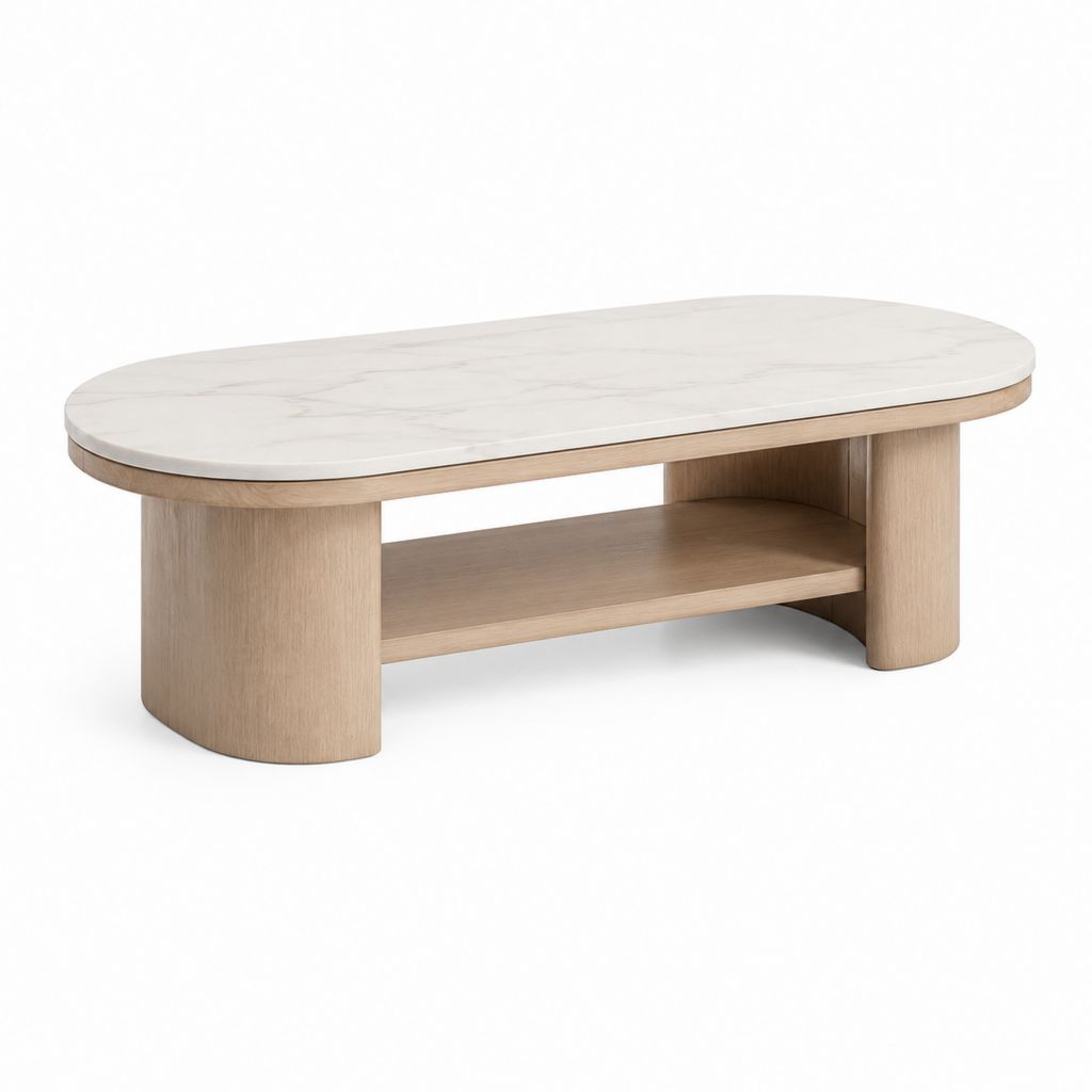 Tavolino da caffè ovale bianco effetto marmo e rovere in ceramica e MDF 120 x 60 x 45 cm