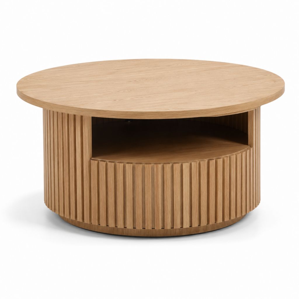 Tavolino da caffè rotondo Colore rovere in MDF impiallacciato con vano contenitore Ø80 x 40 cm