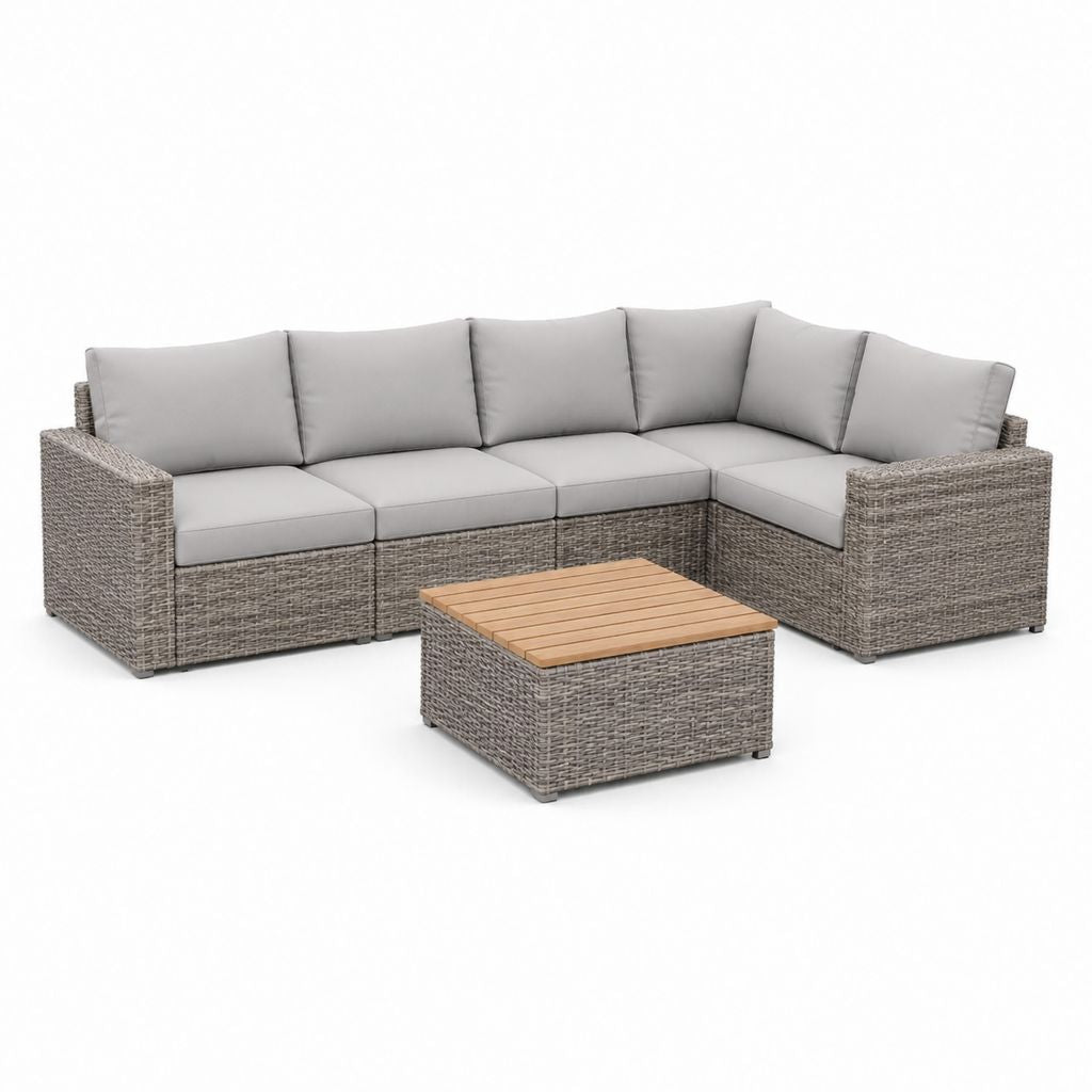 Set salotto da giardino angolare 6 pezzi grigio in rattan PE con cuscini 300 x 220 x 68 cm
