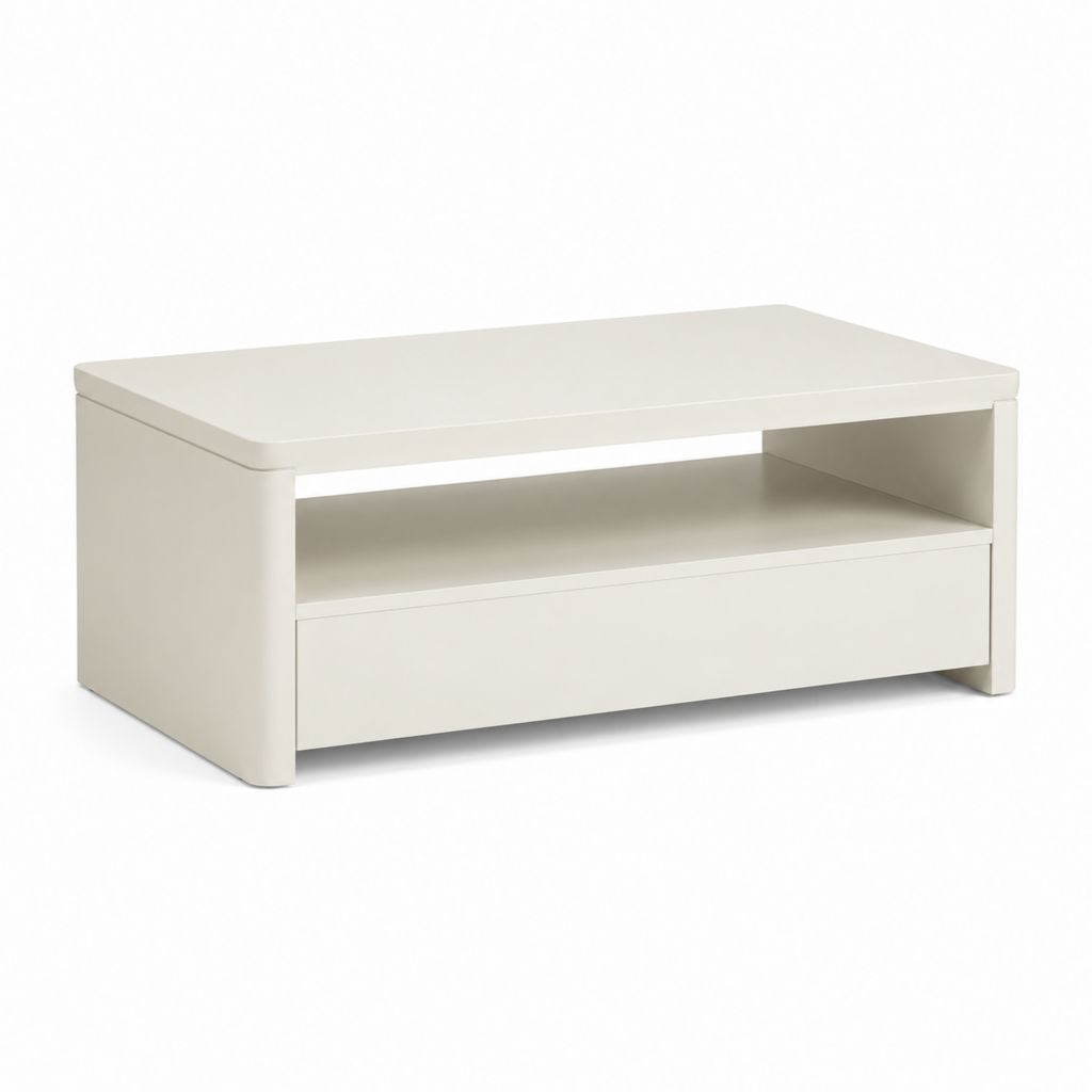 Tavolino da caffè rettangolare bianco in MDF con cassetto e vano a giorno 100 x 60 x 45 cm