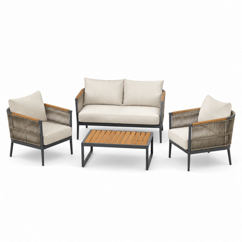 Set salotto da giardino 4 pezzi beige e nero in alluminio corda poliestere e acacia con divano 120 x 72 x 78 cm