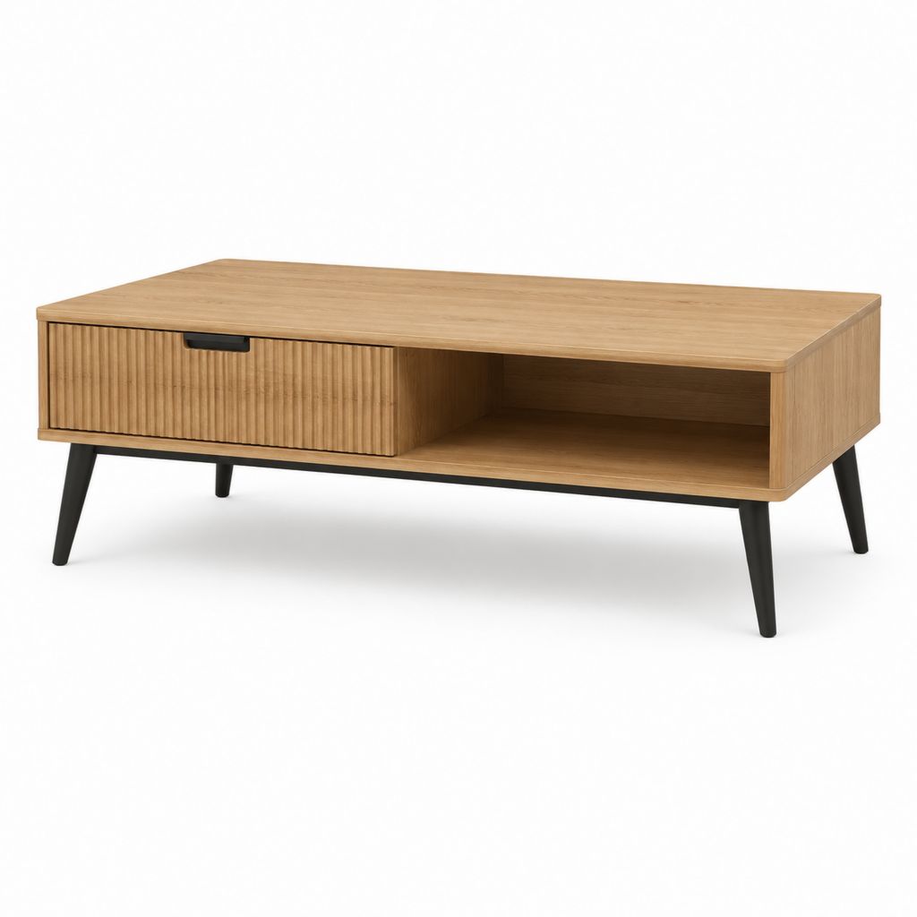 Tavolino da caffè rettangolare rovere impiallacciato con cassetto e vano 120x60x45 cm