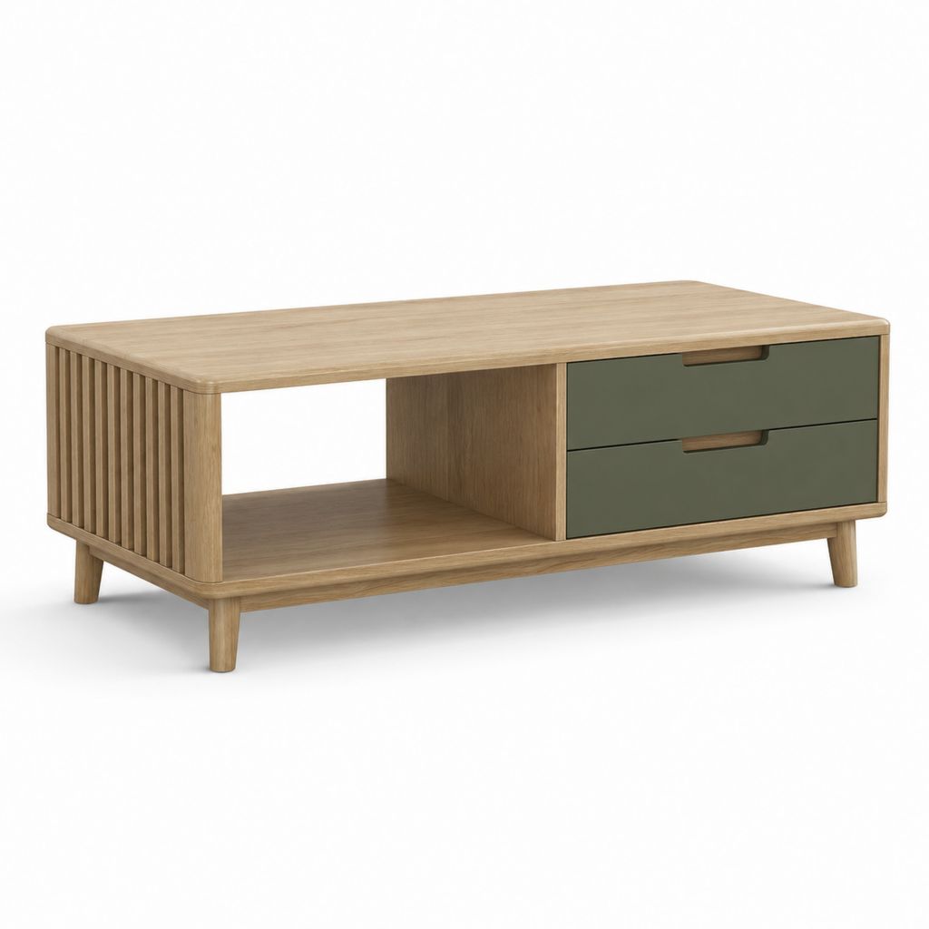 Tavolino da caffè rettangolare rovere chiaro e verde salvia in MDF 120 x 60 x 45 cm con 2 cassetti