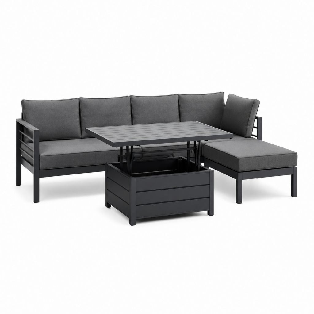 Set divano da giardino angolare con tavolo elevabile antracite in acciaio e poliestere 200 x 140 x 85 cm