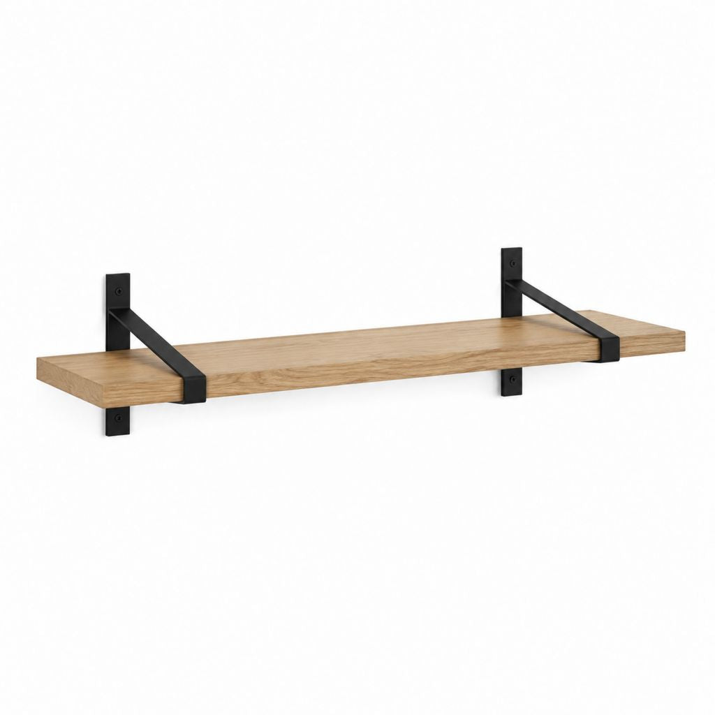 Mensola da parete rettangolare effetto rovere con staffe in acciaio nero 80 x 20 x 18 cm