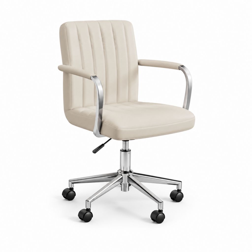 Sedia da ufficio girevole beige in pelle PU con braccioli e base a 5 razze 60 x 60 x 91-101 cm