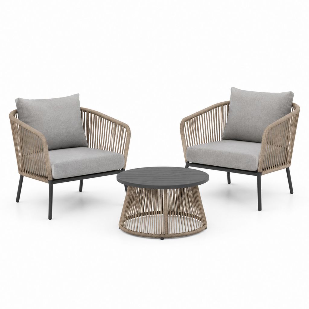 Set da giardino 2 poltrone e tavolino rotondo beige e grigio in corda sintetica e acciaio 68 x 75 x 78 cm