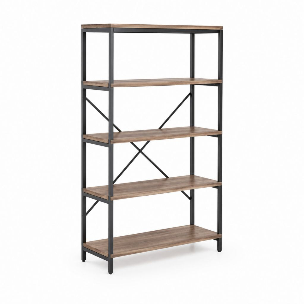 Scaffale libreria a 5 ripiani marrone rustico e nero in MDF e acciaio 80 x 30 x 180 cm