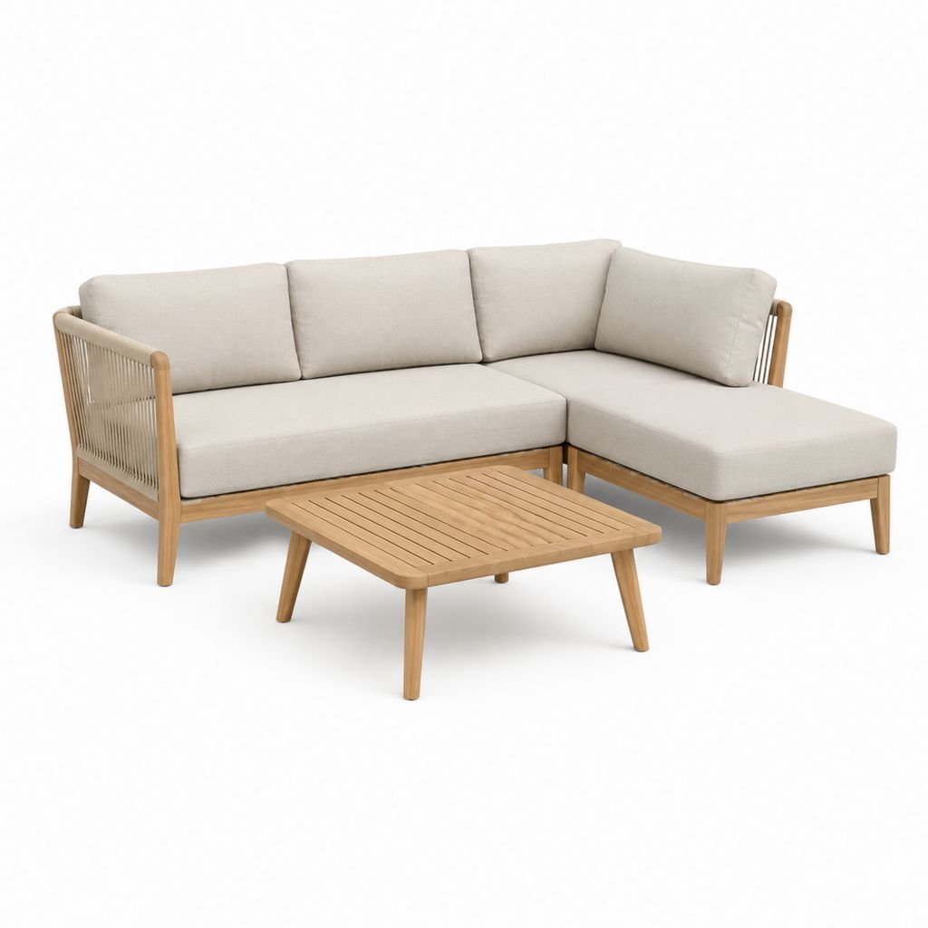 Set divano angolare da giardino 3 posti con chaise longue beige in legno massello di acacia e corda di poliestere 220 x 150 x 75 cm con tavolino 100 x 60 x 40 cm